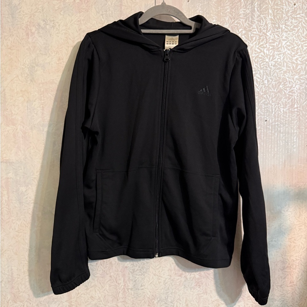 Adidas Black Hooded Full Zip Jacket, Activewear, Minimalist, 2 Pockets, Sz Lg